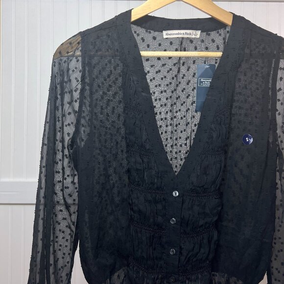 New Abercrombie & Fitch Women's Black Sheer Polka Dot V-Neck Blouse Long Sleeve - Picture 1 of 8
